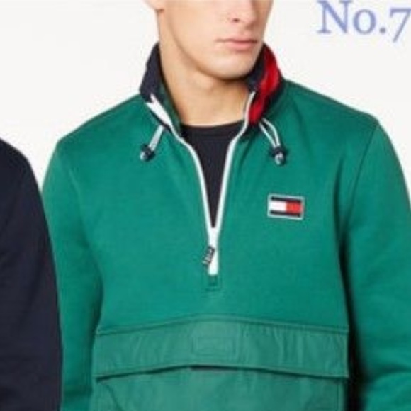 Tommy Hilfiger Men's Windward 1/4 Zip Hooded Green - Picture 2 of 7